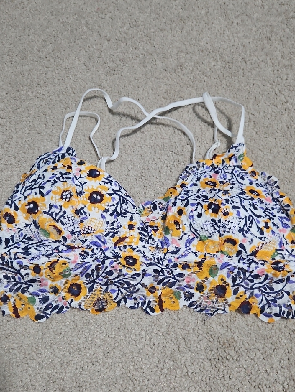 Floral Lace Bralette - White with Yellow Floral Print